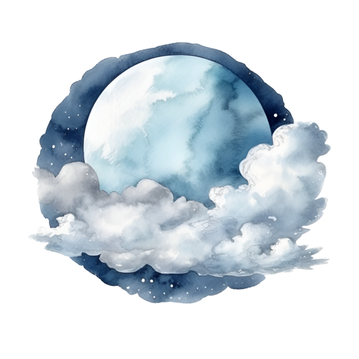 a watercolor painting of the moon and clouds