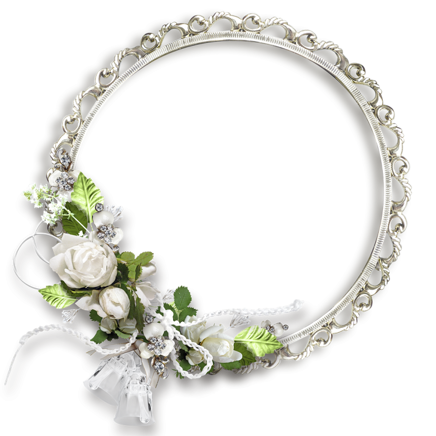 a silver frame with white flowers and green leaves