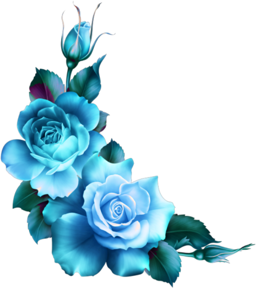 a blue rose with green leaves on it
