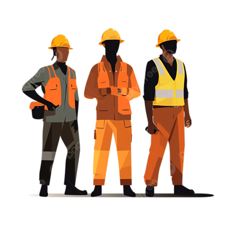 three construction workers standing in front of a white background
