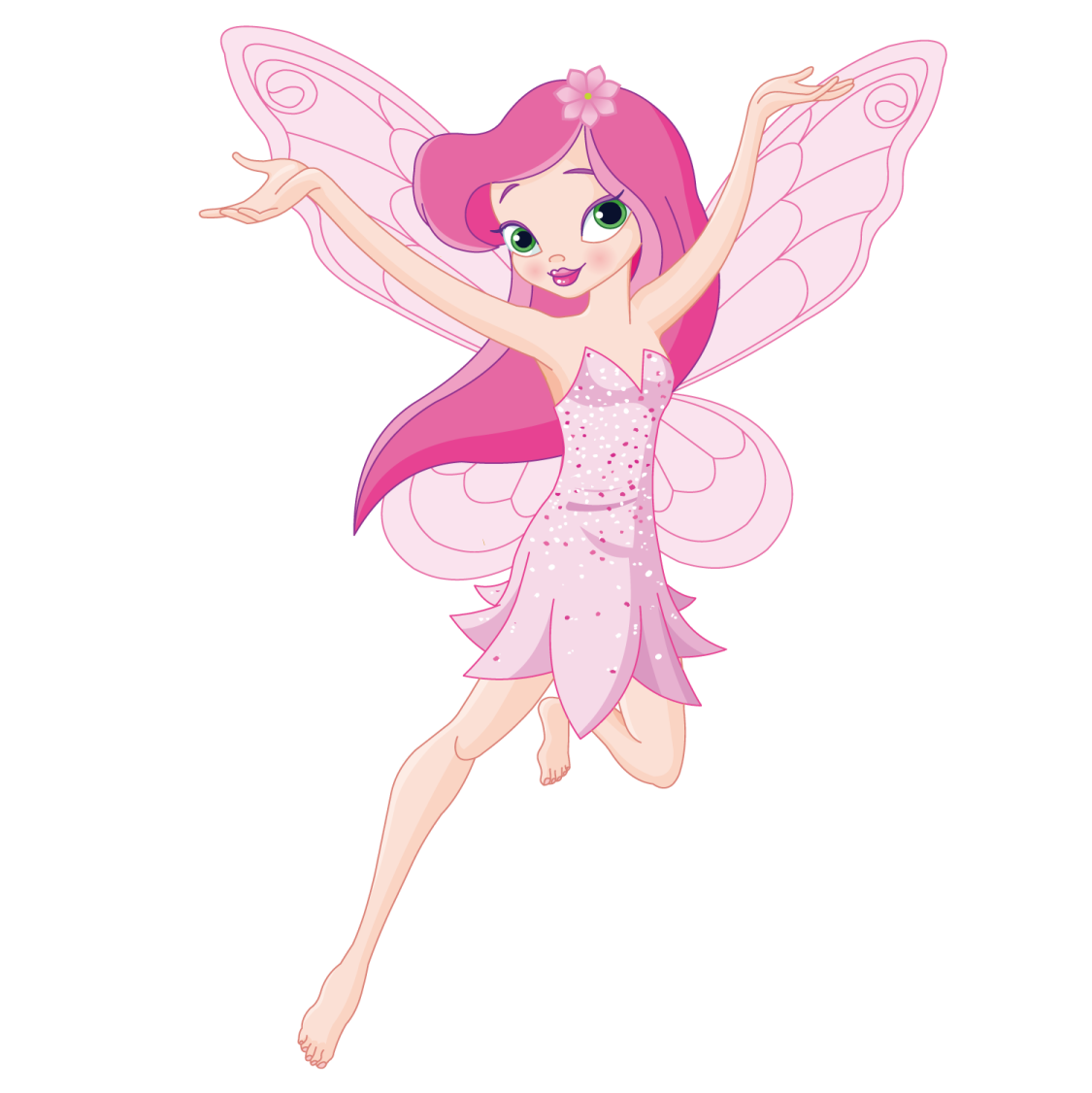 a cartoon fairy with pink hair and green eyes