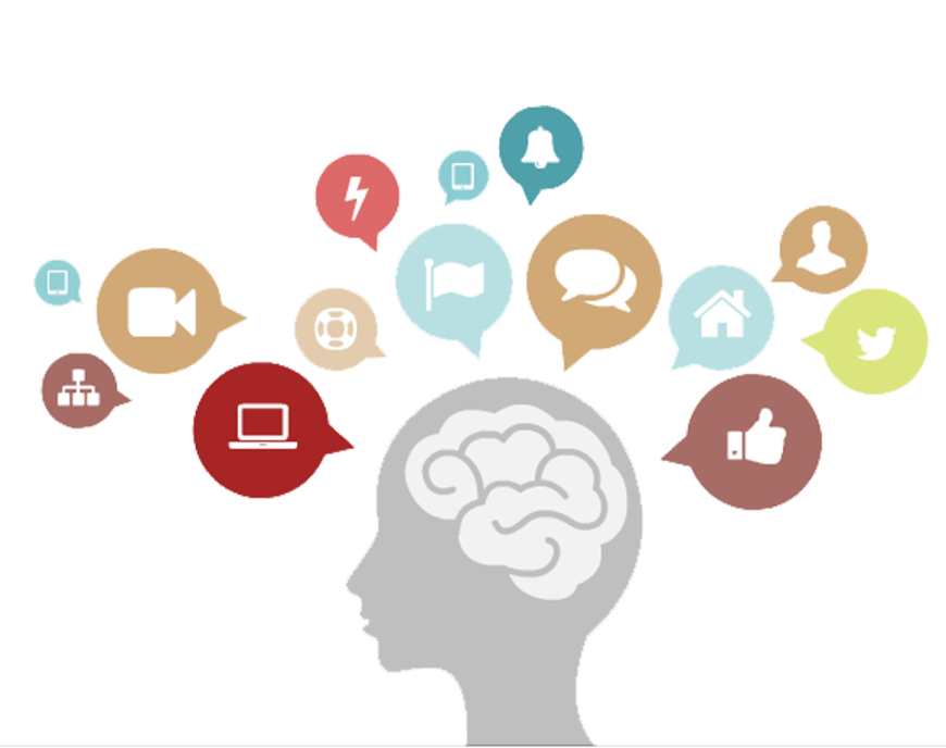 a person's head with social icons coming out of it