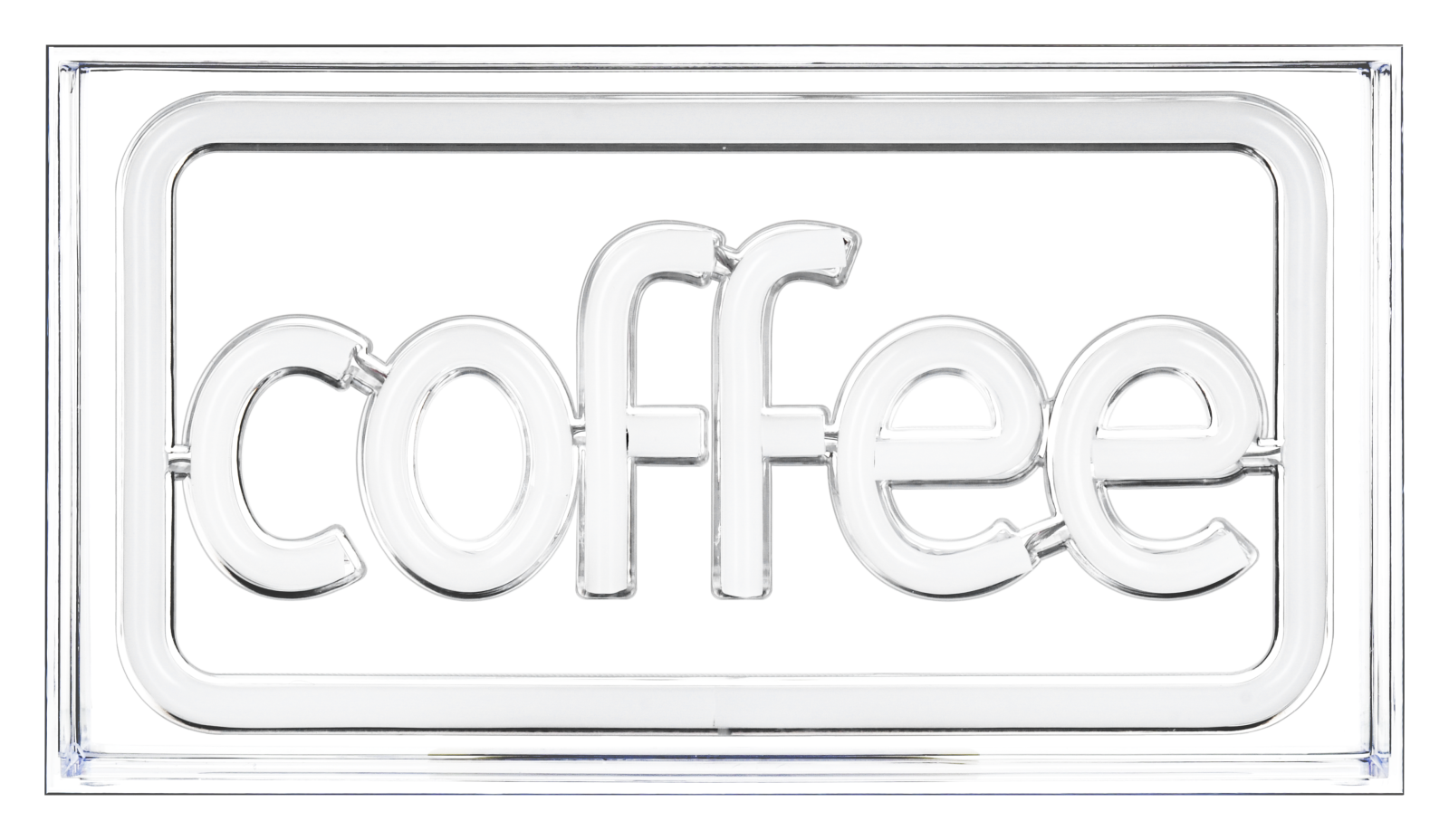 a clear glass sign with the word coffee