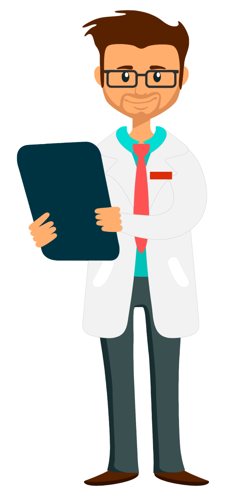 a man in a lab coat holding a clipboard