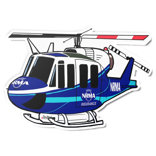 a blue and white helicopter sticker on a white background