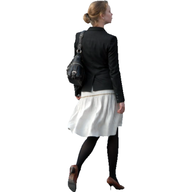 a woman in a black jacket and white skirt