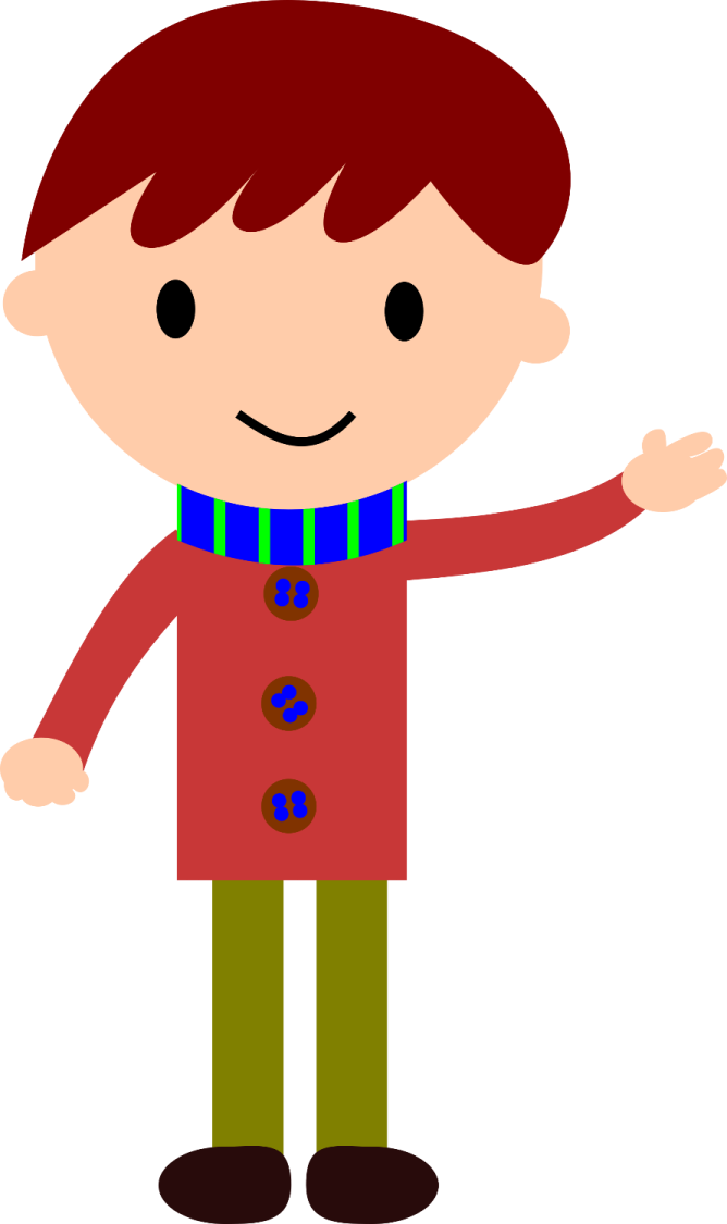 a boy wearing a red coat and green pants