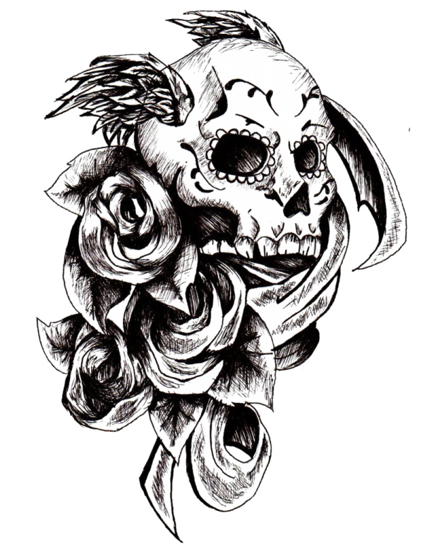 a black and white drawing of a dog with roses