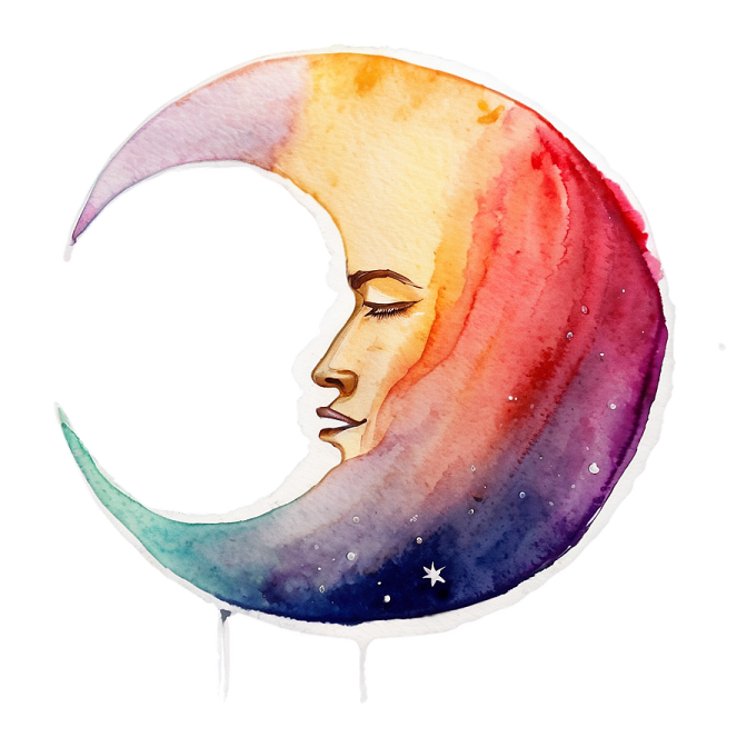 a watercolor painting of a woman's face on the moon