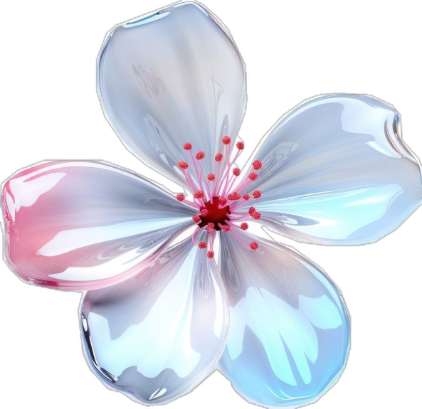 a white flower with pink and blue petals