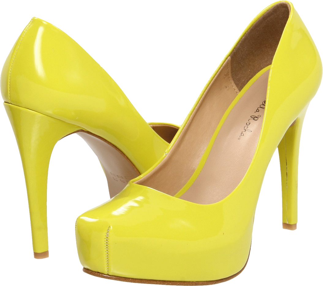 a pair of yellow heels on a white background