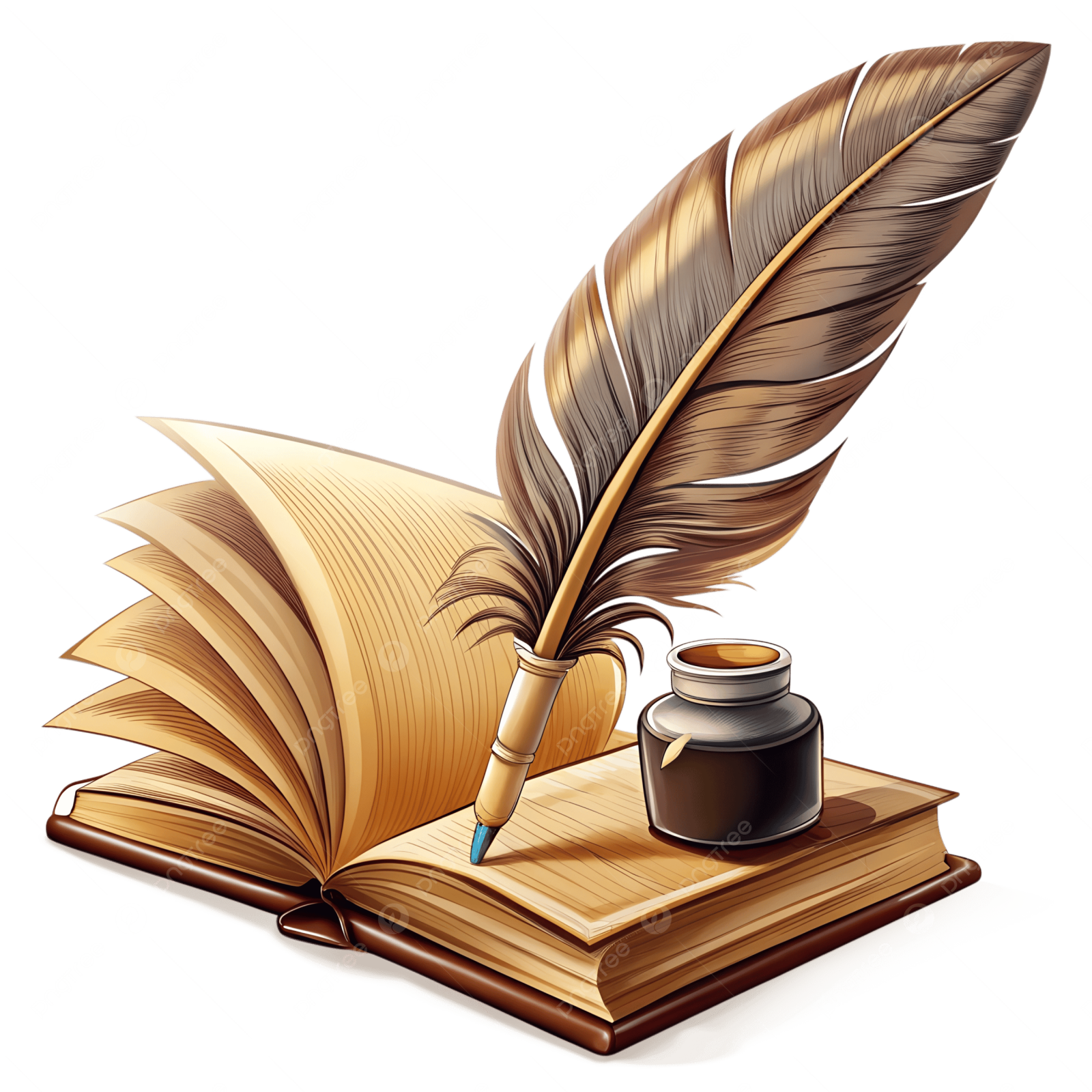 an open book with a feather and ink pen on it