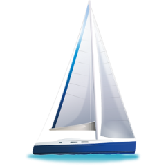 a white sail boat with blue sails