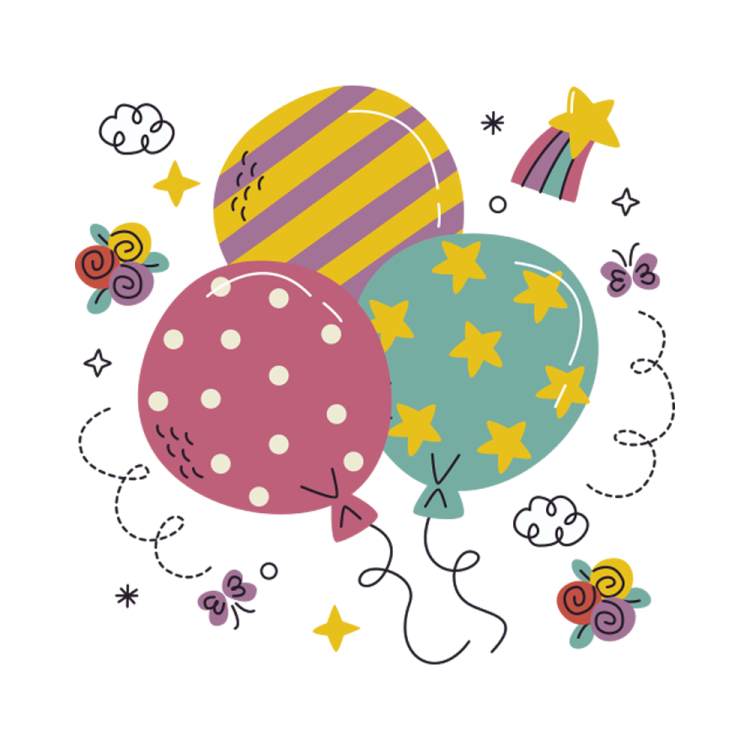 a bunch of balloons with stars and cons