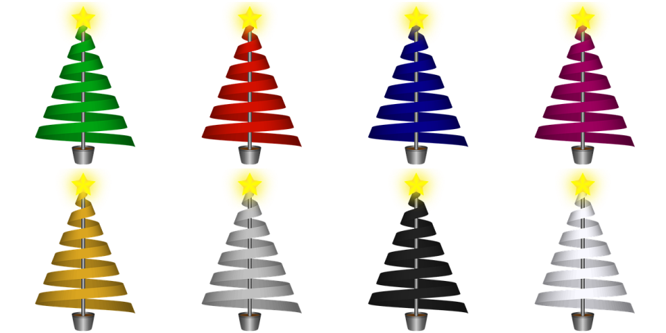 a set of six different colored christmas trees