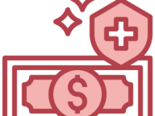 a red and white icon of a house with money on it