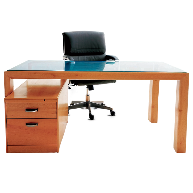 an office desk with a glass top and drawers