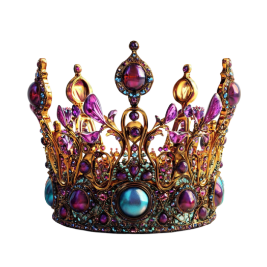 a gold crown with purple and blue crystals