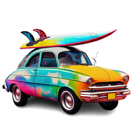 an old car with a surfboard on top