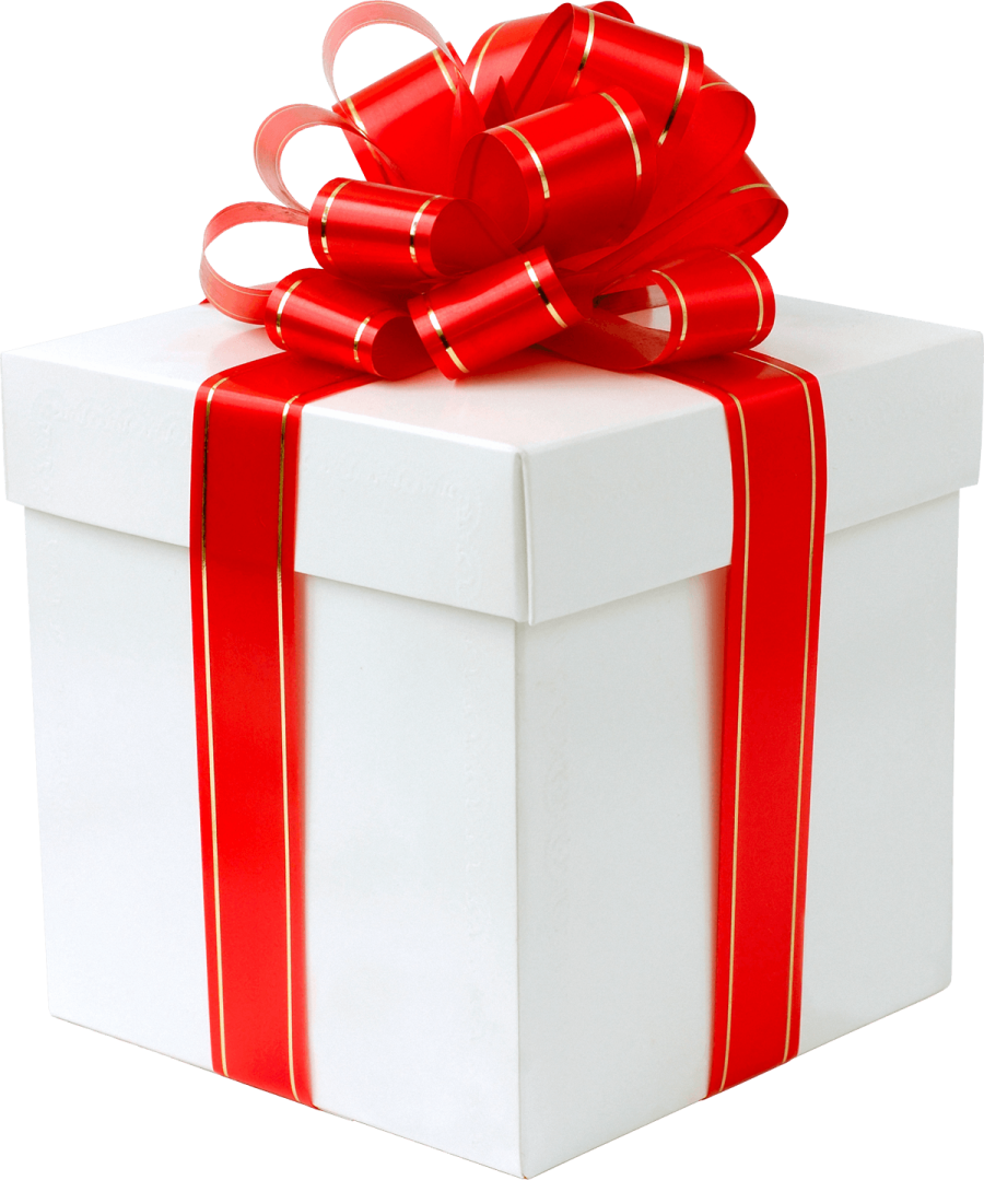 a white gift box with a red ribbon