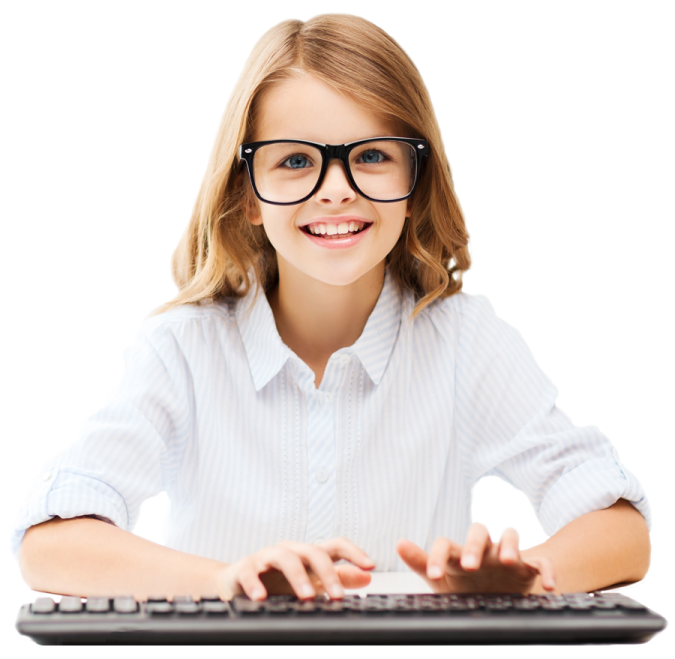 a young girl wearing glasses and typing on a keyboard