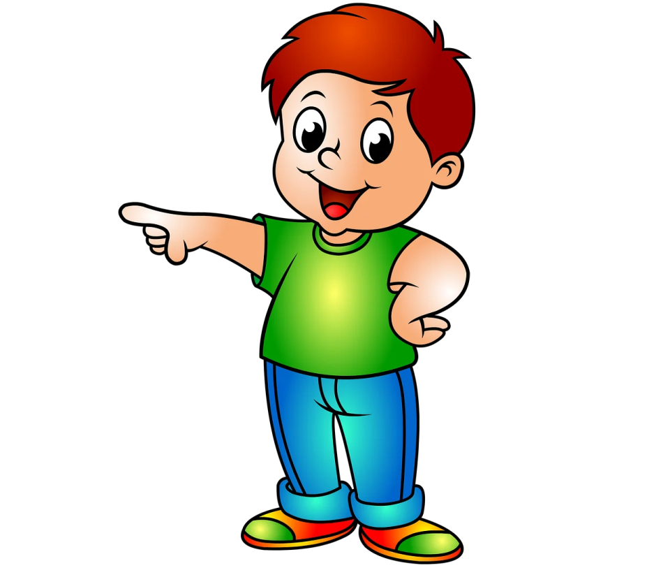 a cartoon boy pointing at something