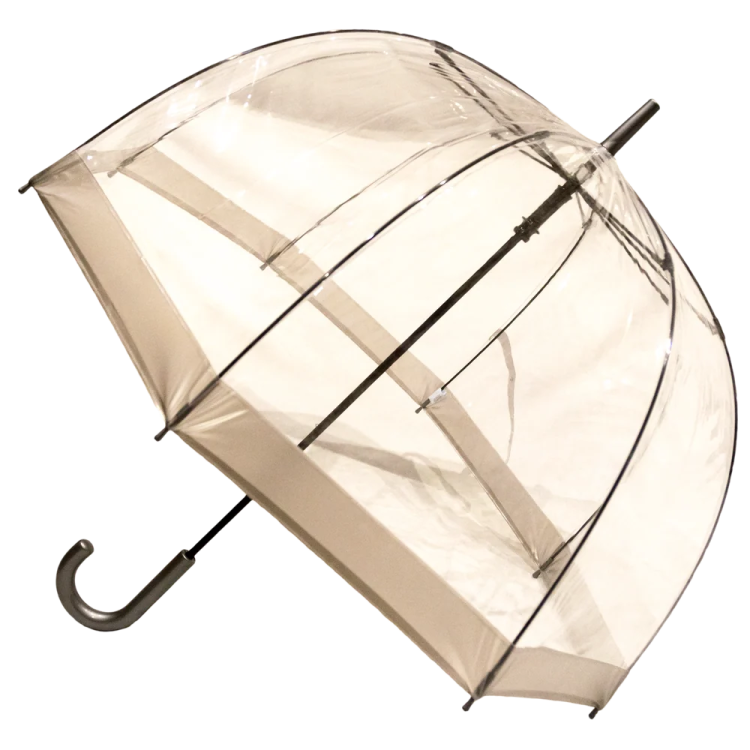 an open clear umbrella with a black handle
