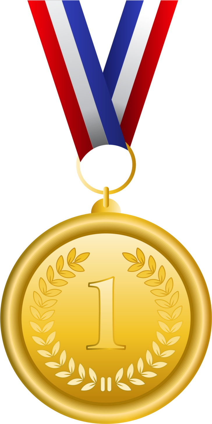 a gold medal with a red, white and blue ribbon