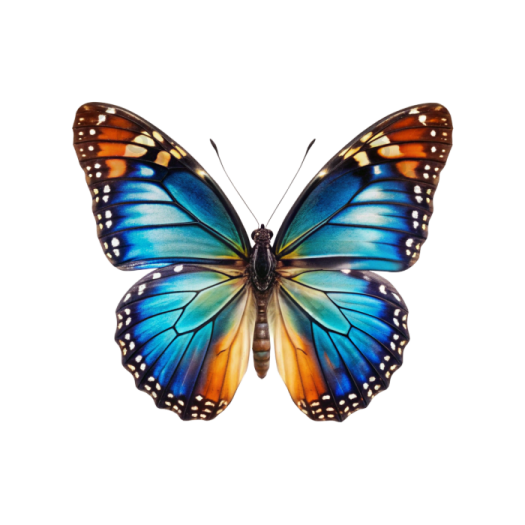 a blue and orange butterfly on a white background