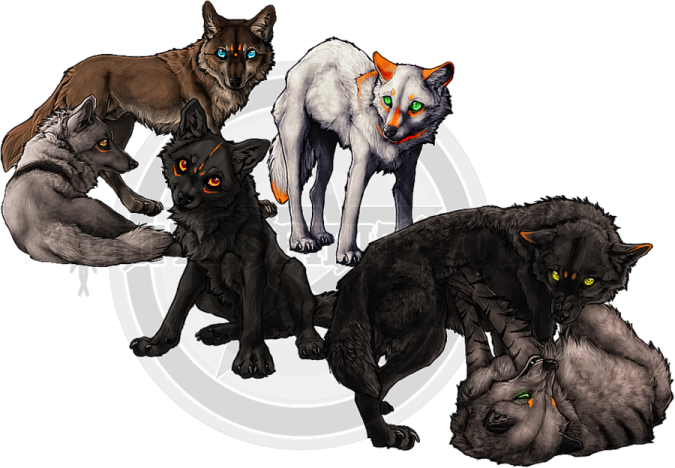 a group of wolves with green eyes