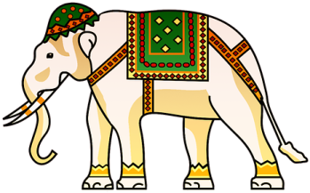 an elephant with a green hat and yellow pants