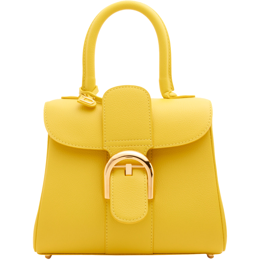 a yellow handbag on a white background