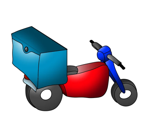 a red and blue motorcycle with a box on the back