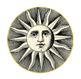 a black and white drawing of a sun with a face