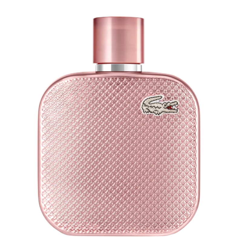 a pink perfume bottle on a white background