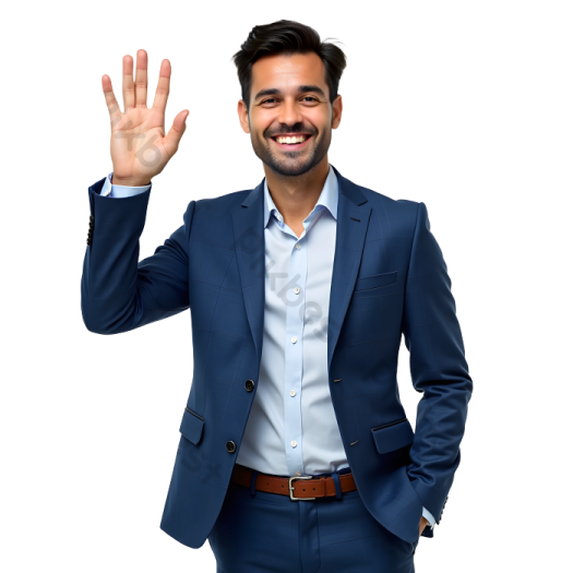 a man in a blue suit and white shirt with his hand up