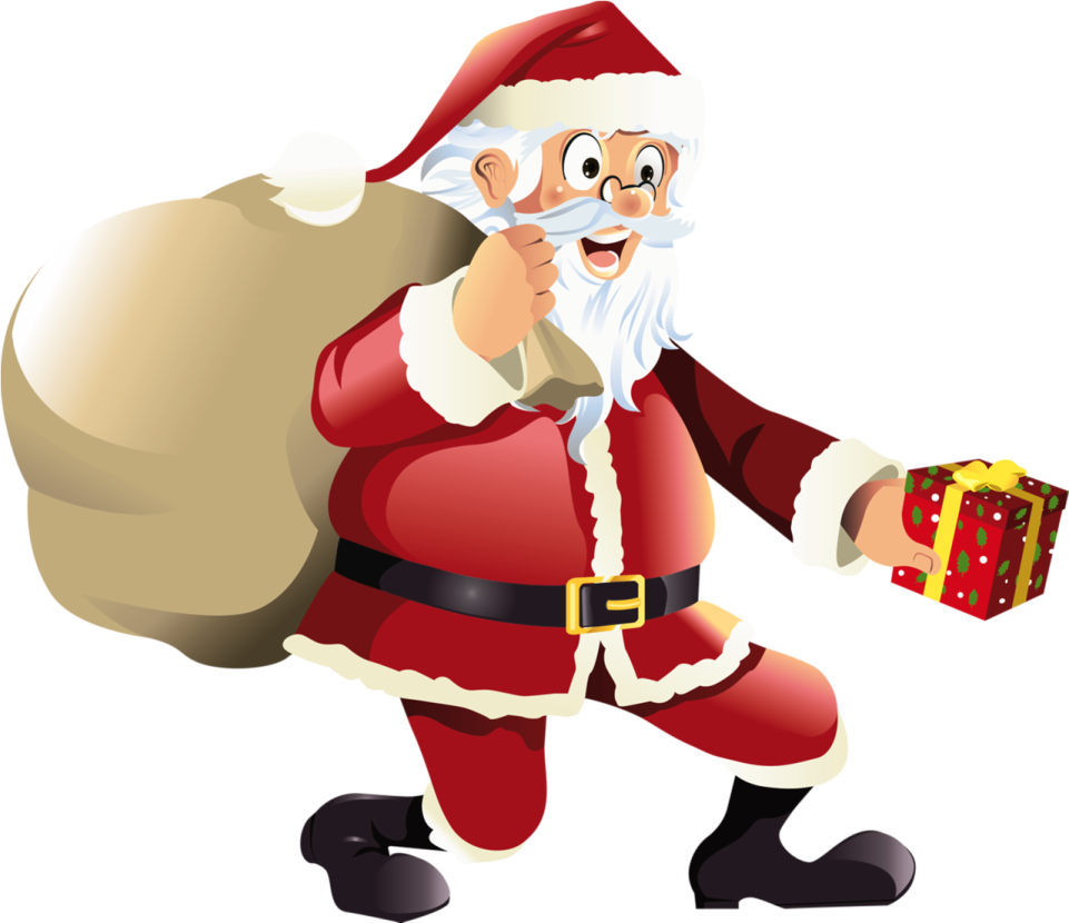 a cartoon santa carrying a christmas present