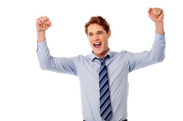 a man in a blue shirt and tie with his hands up