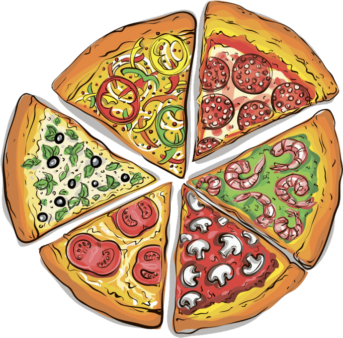 four slices of pizza with different toppings