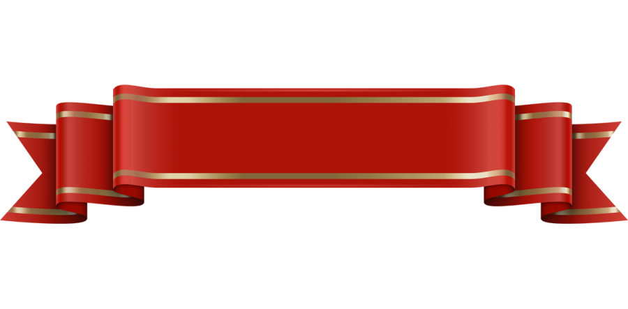 a red ribbon with gold stripes