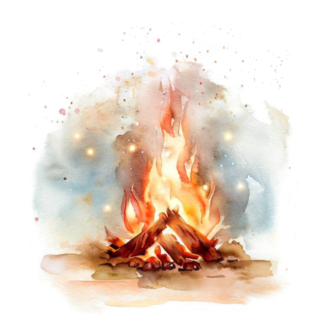a watercolor painting of a campfire