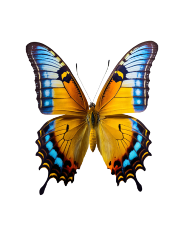 a blue and yellow butterfly on a white background