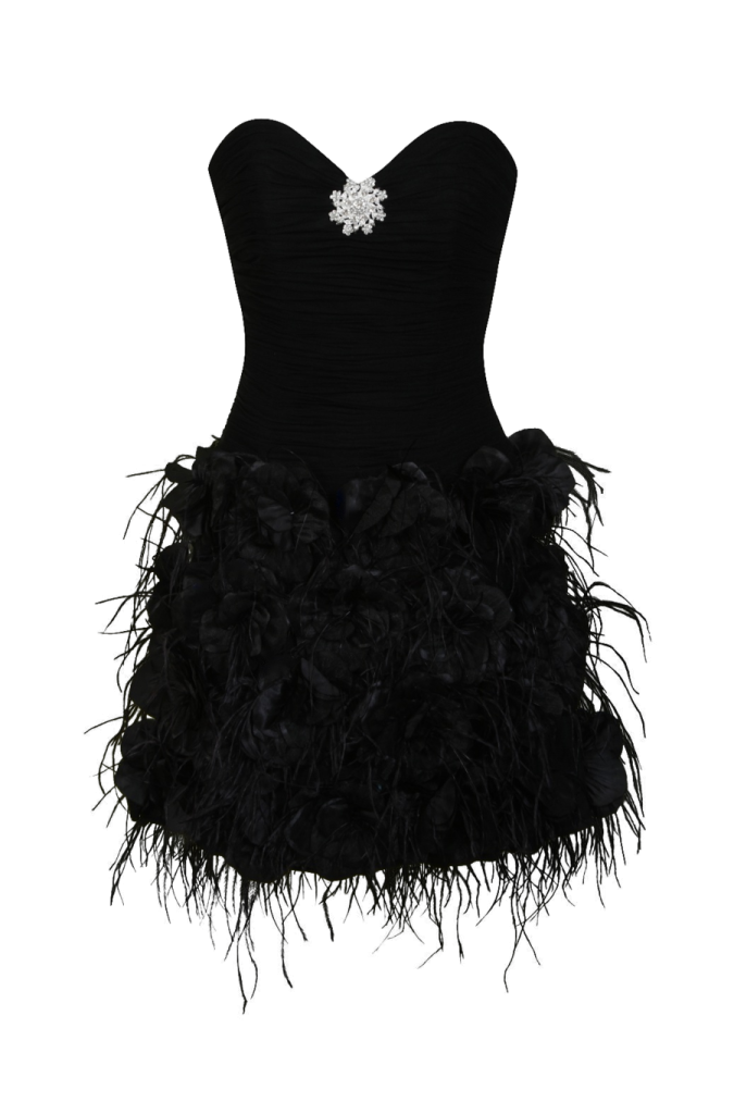 a black dress with feathers on it