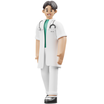 a male doctor wearing a white coat and green shirt