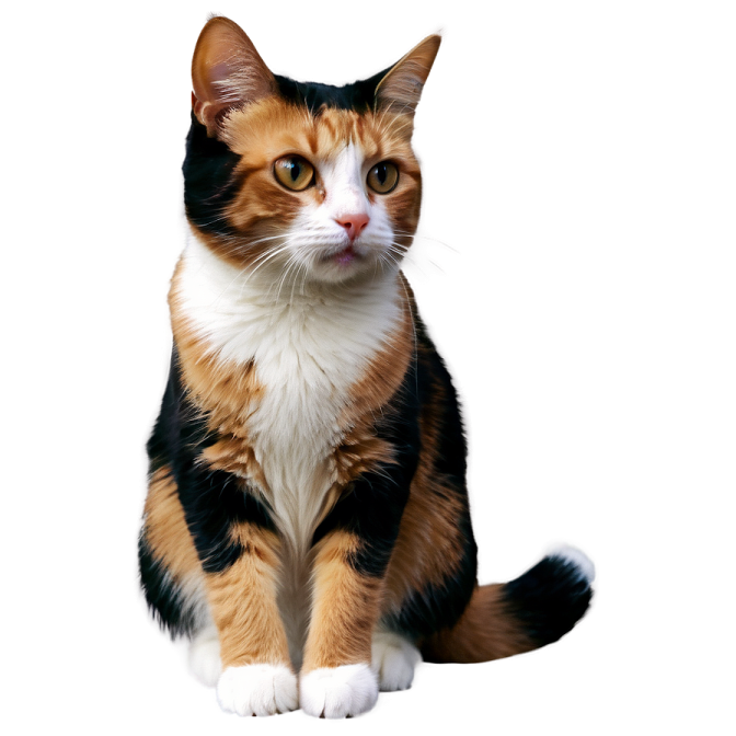 a black, orange and white cat sitting down