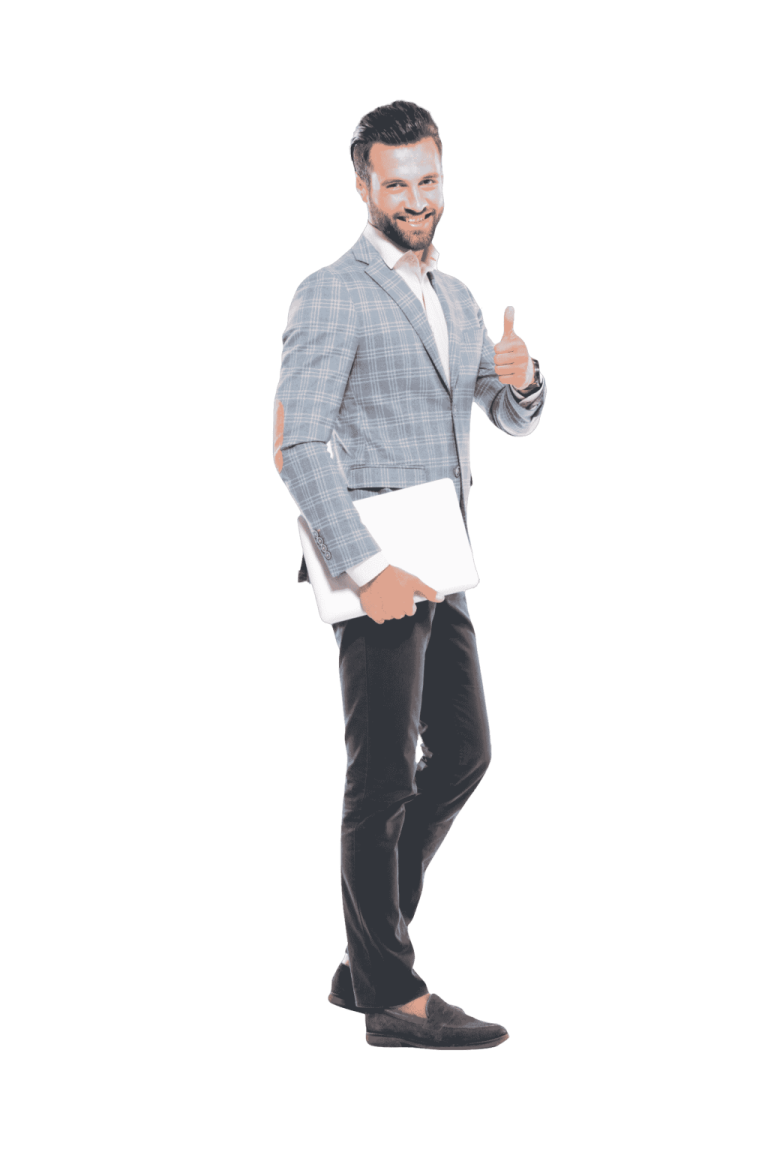 a man in a suit and tie standing with his thumbs up