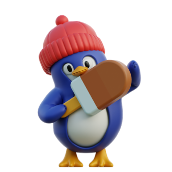 a blue bird wearing a red hat and holding a piece of chocolate