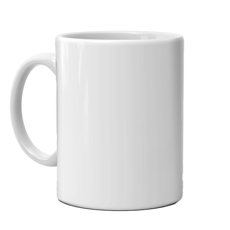 a white coffee mug with a black handle