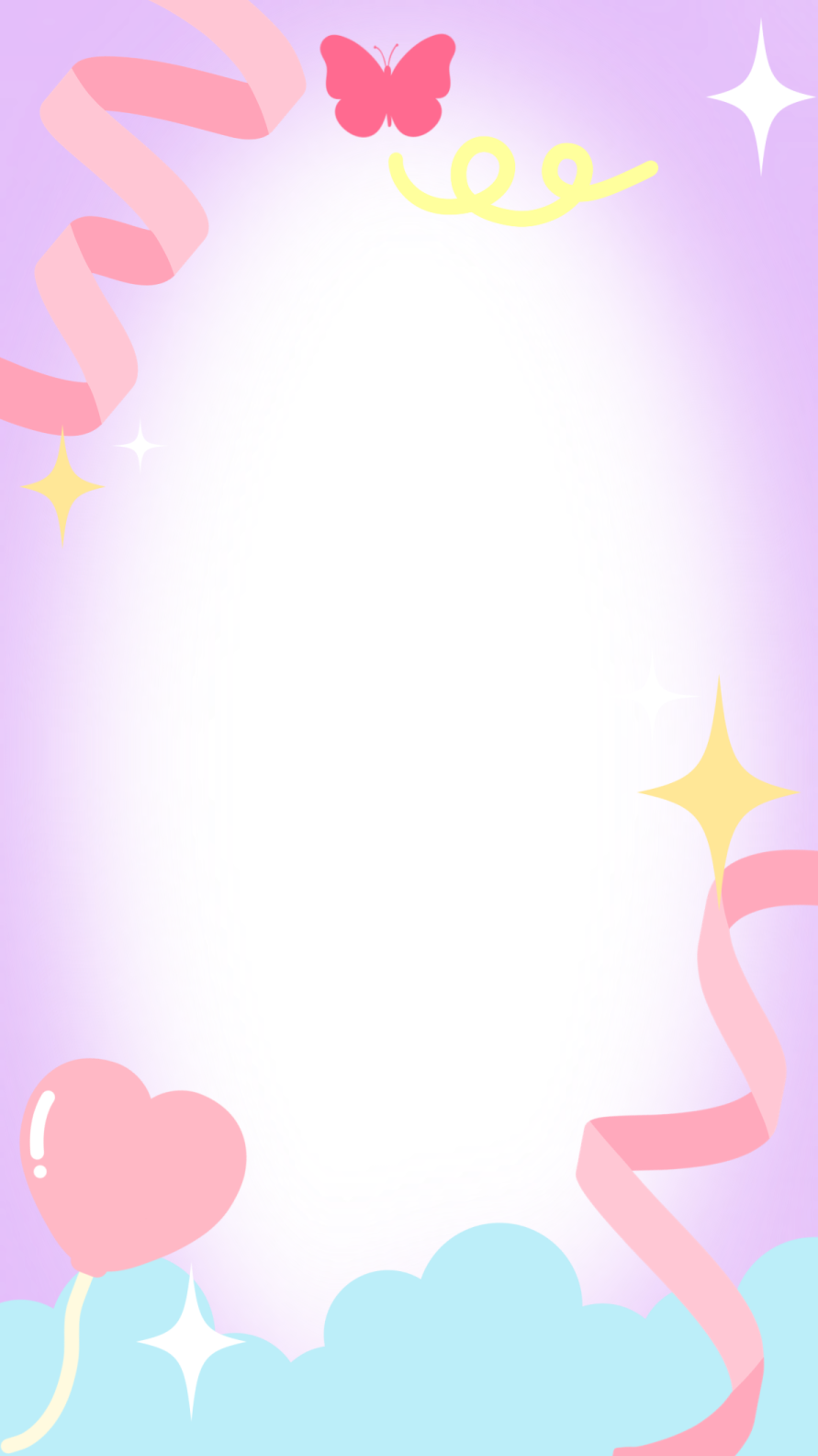 a pink and blue background with stars, clouds, and a butterfly