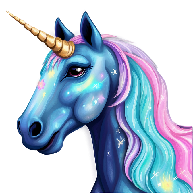 a blue unicorn with pink hair and a gold horn